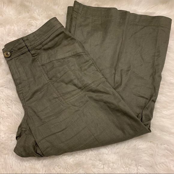 Level 99 Pants - Level 99 Green Linen Wide Leg Crop Culottes